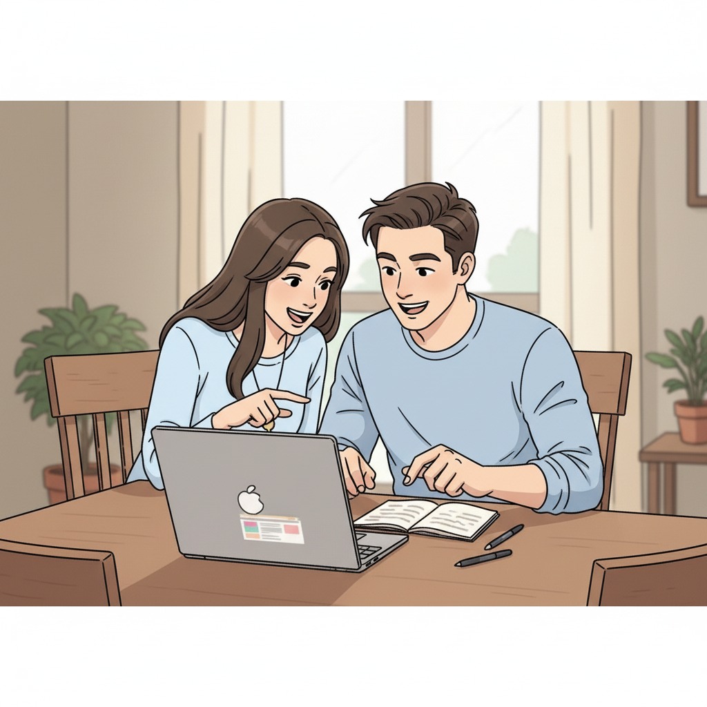 Couple sharing feedback at a laptop